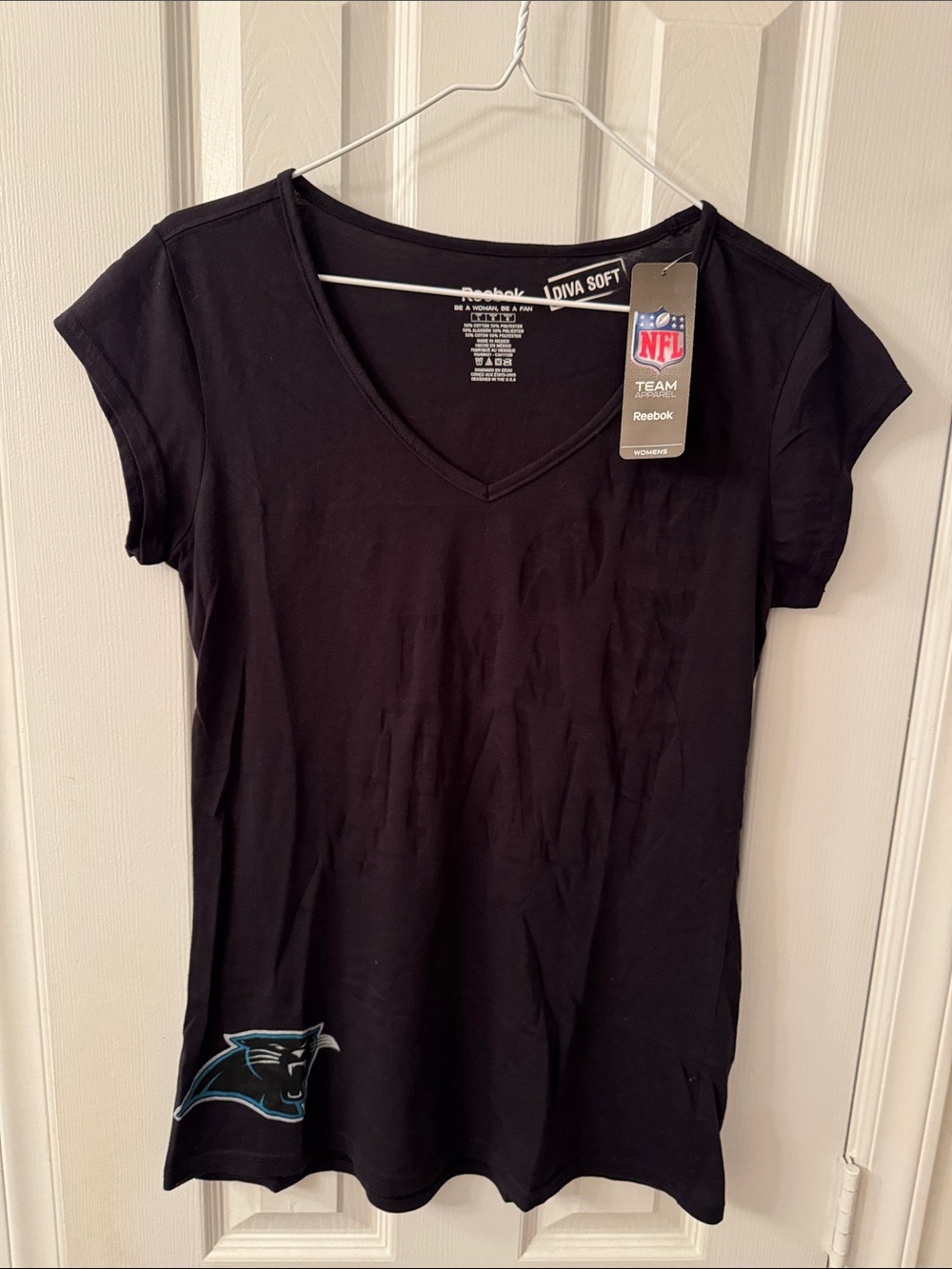 Reebok women’s Carolina Panthers Black Short Sleeve V-Neck NFL Team Tee